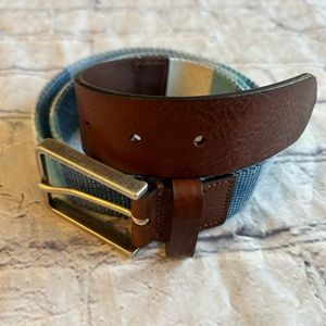 J&M MADE IN ITALY MENS BLUE/WHITE STRIPED FABRIC WITH LEATHER BELT SIZE 38